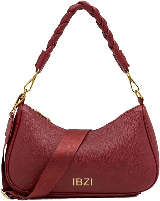 IBZI burgundy leather mini shoulder bag with braided top handle and gold hardware