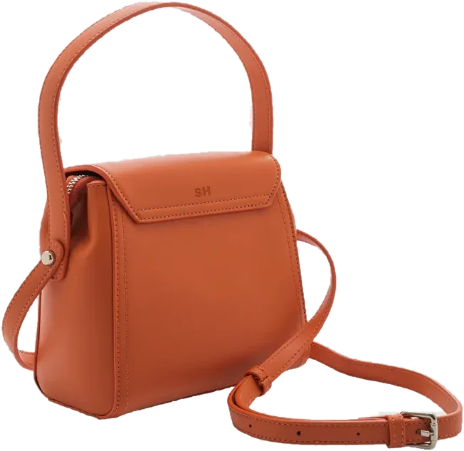 IBZI burnt orange leather sling bag with top handle and crossbody strap