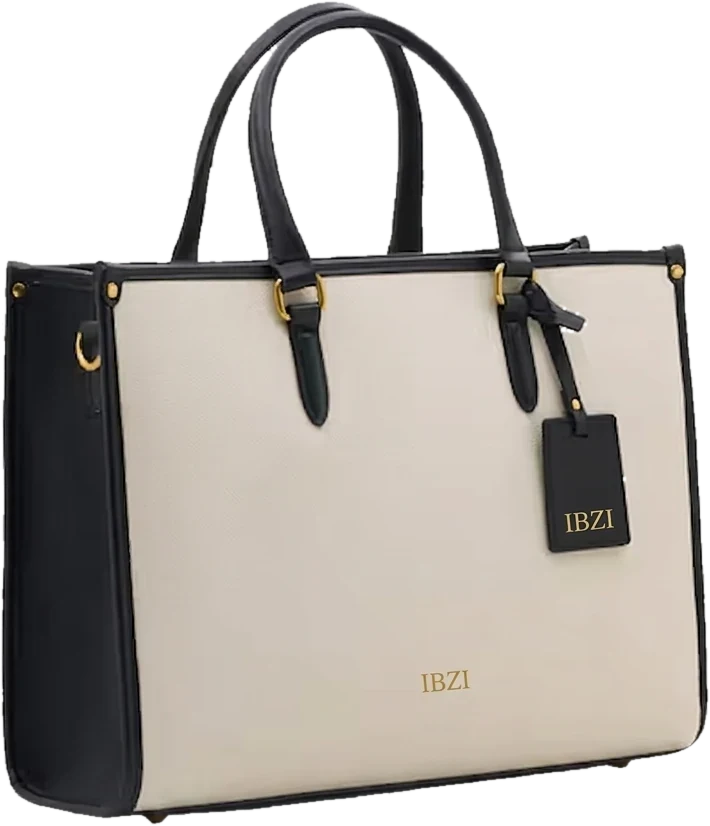 IBZI structured tote bag in cream canvas with black leather trim, twin top handles and gold hardware